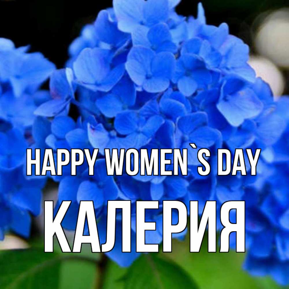 Greetings card с именем, Калерия happy women`s day синие цветы Greetings with text for free download 